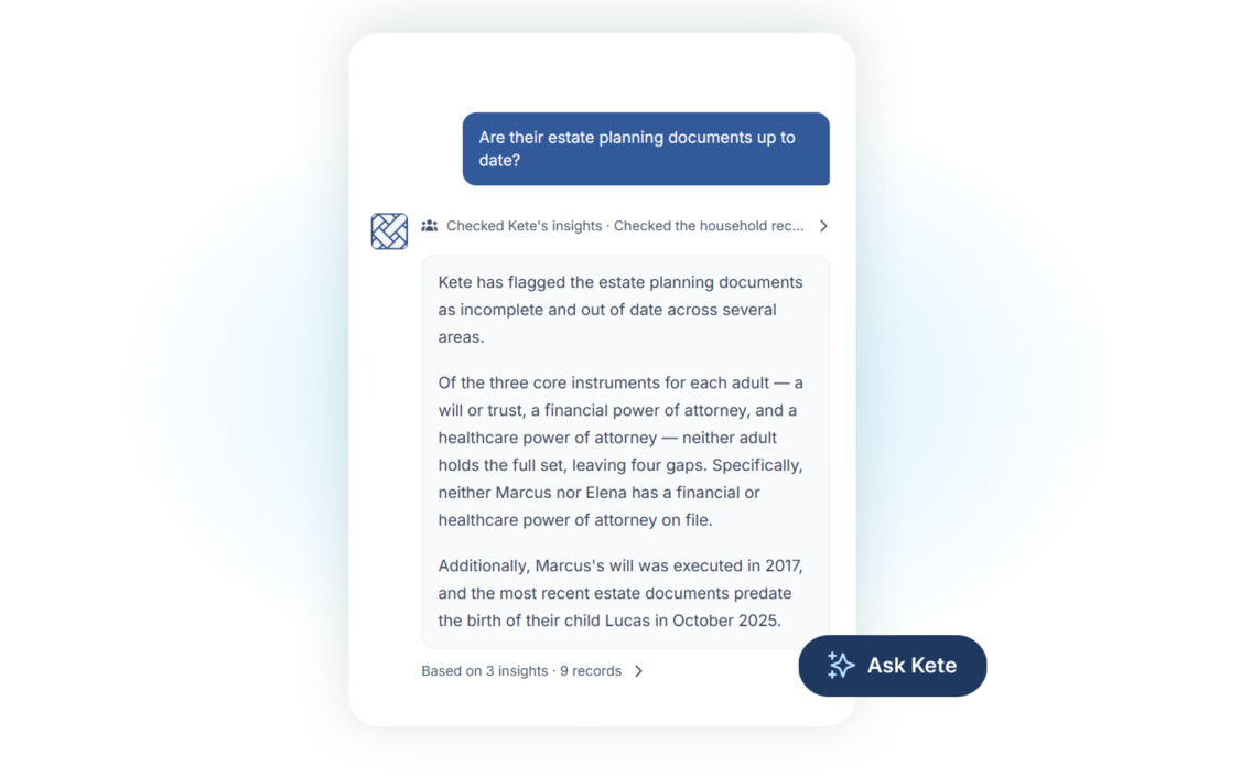 Ask Kete answering a question about a household's estate planning documents